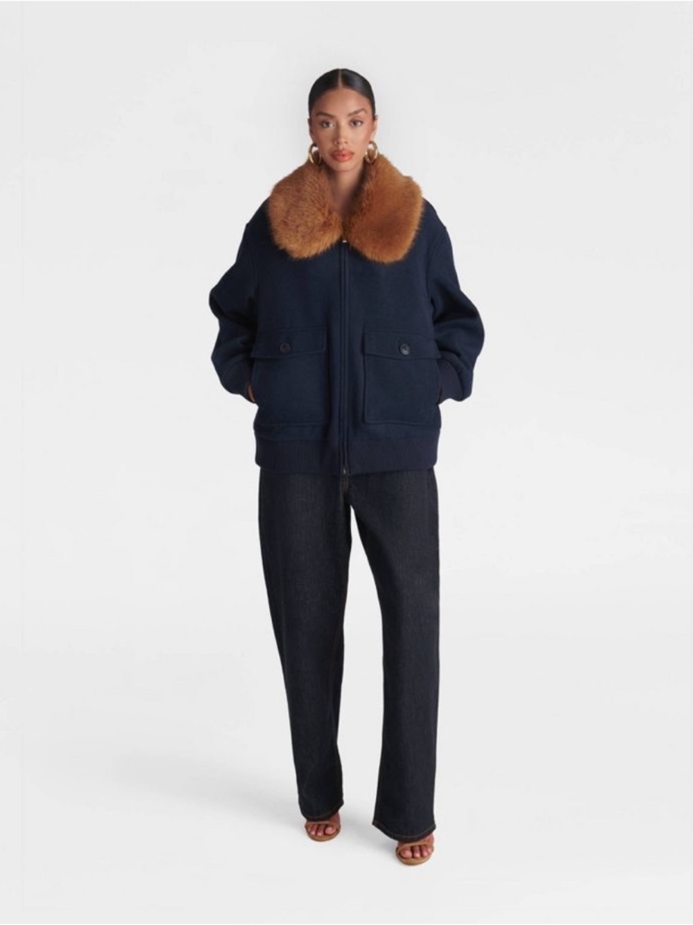 KBB by KAHLANA Women's 'The Faux Fur Collar Bomber' - Navy Blue/Teddy Brown M